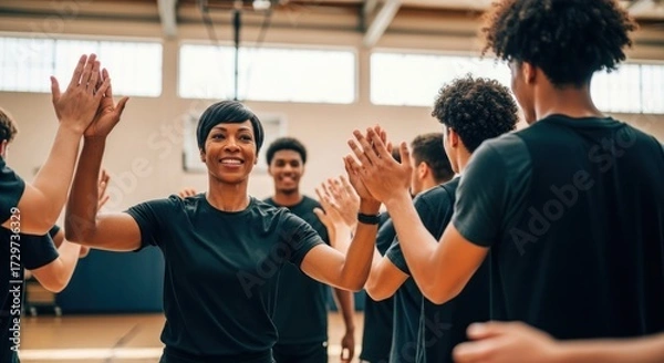 Fototapeta A group of basketball players high-fiving in a gymnasium.