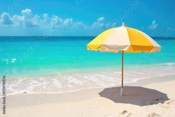 Fototapeta Vibrant beach umbrella providing shade on a sunny day, casting a shadow on the sand Perfect for summer vacation, relaxation, and coastal imagery , pole, stripe, dune