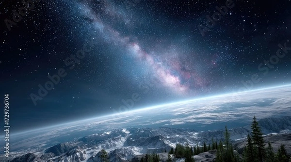 Fototapeta Panoramic Earth and Milky Way View from Space with Starry Sky and Atmospheric Glow Landscape