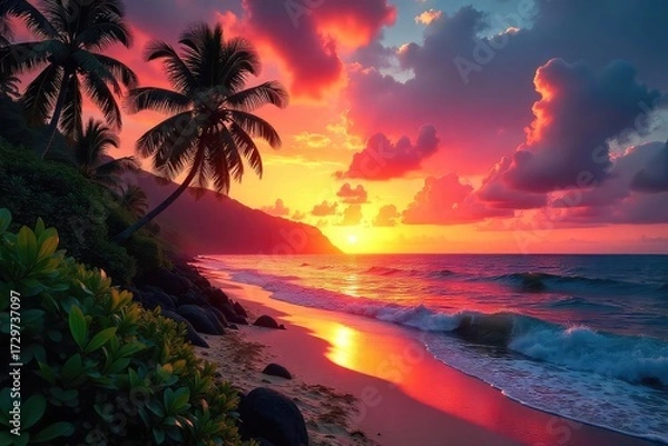 Fototapeta Vibrant hues of a Central American sunset paint the sky, reflecting on lush tropical foliage and a calm ocean A breathtaking display of nature's artistry , landscape, clouds