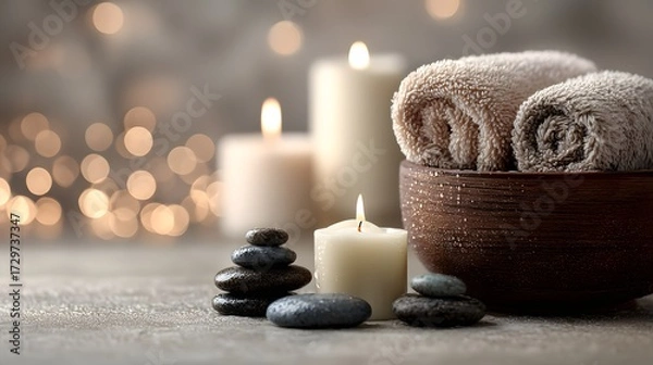 Fototapeta Tranquil Spa Setting with Candles, Towels, and Smooth Stones