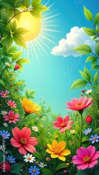 Fototapeta Vibrant summer scene with colorful flowers, bright sun, and lush green foliage Perfect for summer, vacation, and nature themes A joyful image evoking warmth and happiness , bloom, aesthetic