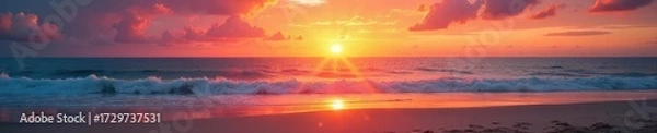 Fototapeta Vibrant sunset hues paint the sky above a tranquil sandy beach, creating a breathtaking panorama of warm colors and soft textures Perfect for travel, vacation, or nature themes , color, golden hour