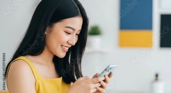 Fototapeta A young woman smiling while using a smartphone in a cozy living room.
