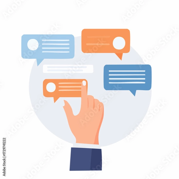 Fototapeta Digital Communication Concept Orange and Blue Speech Bubbles Floating with a Hand Touching One on White Background