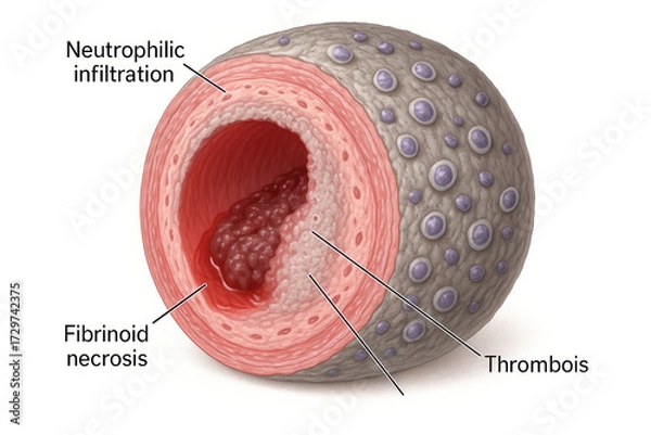 Fototapeta Cross-Section of Artery Showing Thrombosis, Fibrinoid Necrosis, and Neutrophilic Infiltration