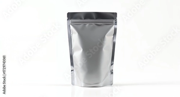 Fototapeta Silver Stand-Up Pouch Mockup on White, Shiny Packaging Design