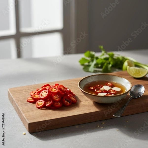Fototapeta Sliced red chili peppers with sauce on a wooden board