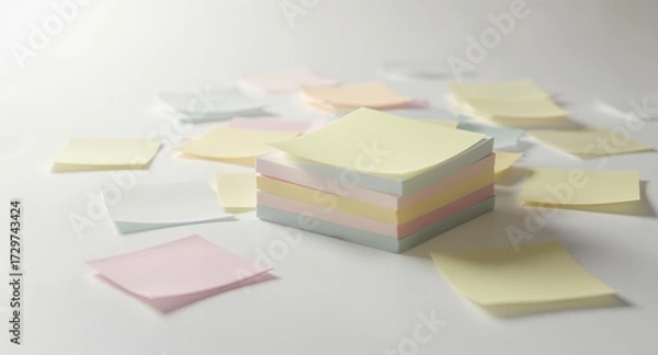 Fototapeta Stacked Colorful Note Pads and Scattered Sticky Notes