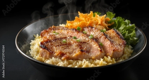 Fototapeta Steamed Dish with Grilled Meat and Rice on a Plate
