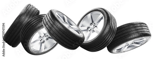 Fototapeta dynamic arrangement of new car tires with shiny rims against a transparent background