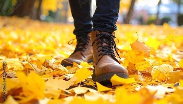 Obraz Autumn boots on a path covered in fallen leaves