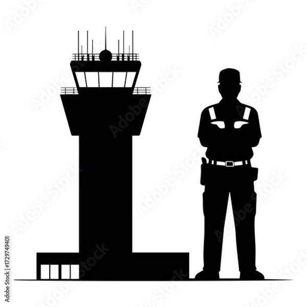 Obraz Airport control tower vector silhouette with security guard aviation traffic controller design vector illustration