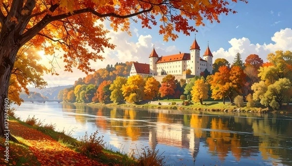 Obraz Autumn castle by a river