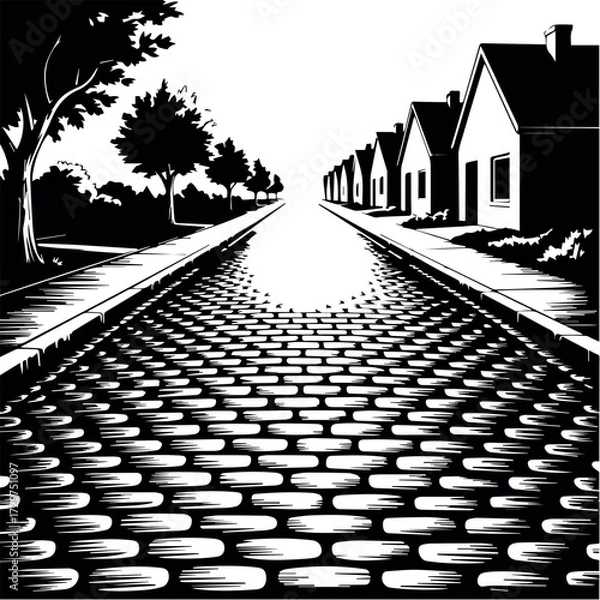 Obraz Black and white vector illustration of a stone paved street with houses and trees drawing art 100