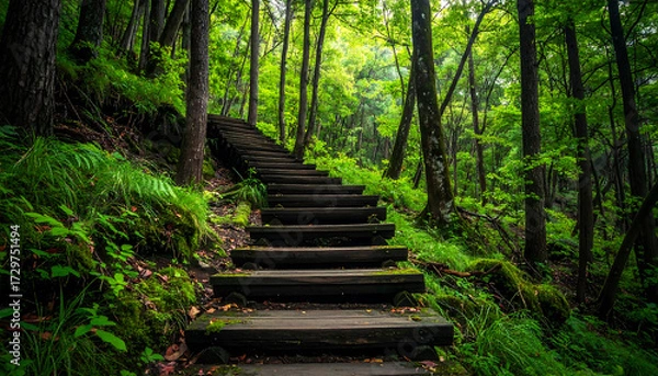 Fototapeta 高木の間を抜けて森の奥へ導く木製階段の穏やかな景観