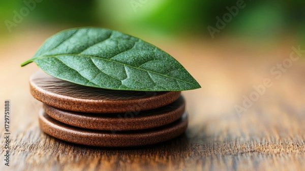 Obraz Green leaf on stack of coins