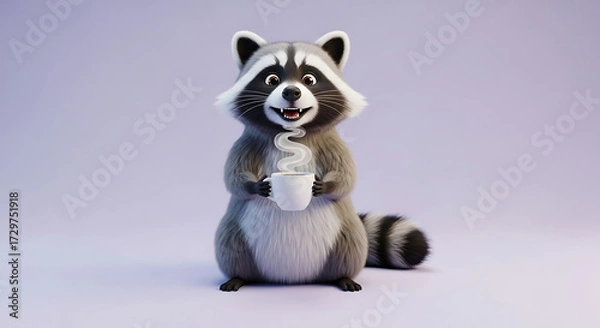 Fototapeta Cartoon raccoon enjoying a hot beverage with steam rising from the cup on a light purple background in a studio shot