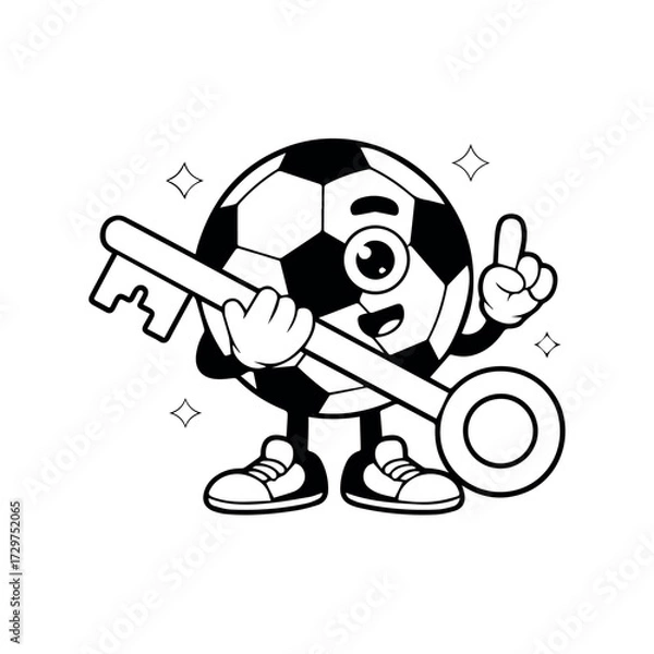 Obraz Soccer ball cartoon character holding a key vector illustration for sports and design projects needs
