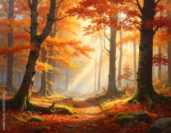Obraz Autumn forest path bathed in golden light
