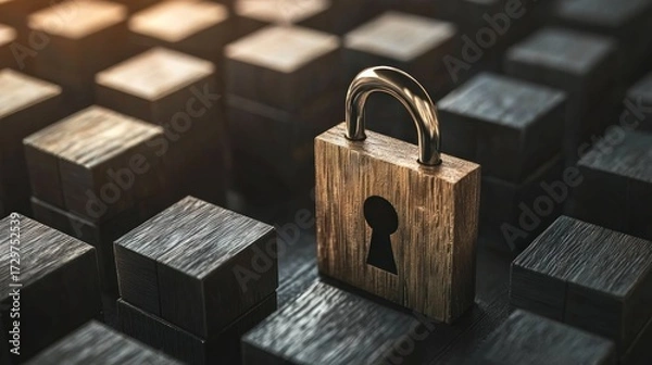 Obraz A wooden padlock with a keyhole on a dark, textured surface, surrounded by numerous black, wooden blocks.