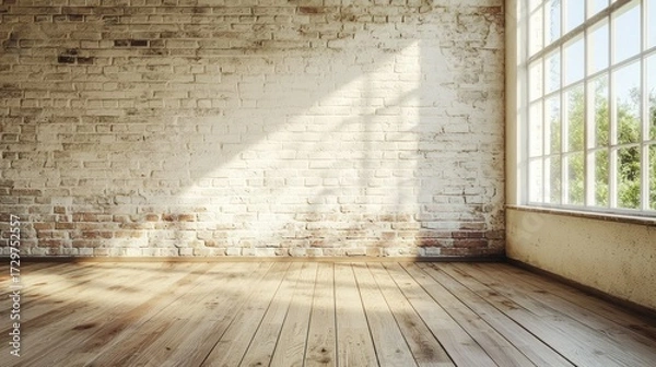 Obraz A spacious, empty room with a white brick wall and a large window, illuminated by natural light.