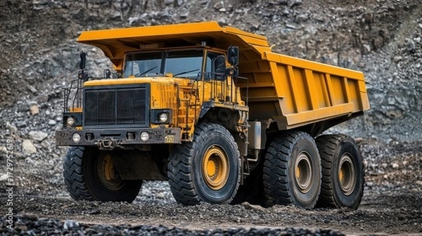 Obraz A large yellow dump truck parked in a rocky, rocky terrain with a rocky background.