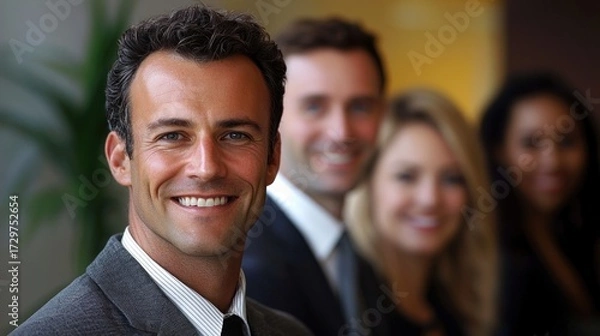 Obraz A smiling man in a suit with a group of business professionals in the background.