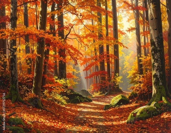 Obraz Autumn forest path bathed in sunlight (2)