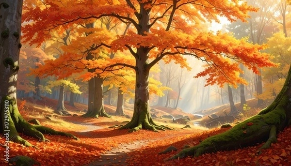 Obraz Autumn forest path bathed in sunlight (4)