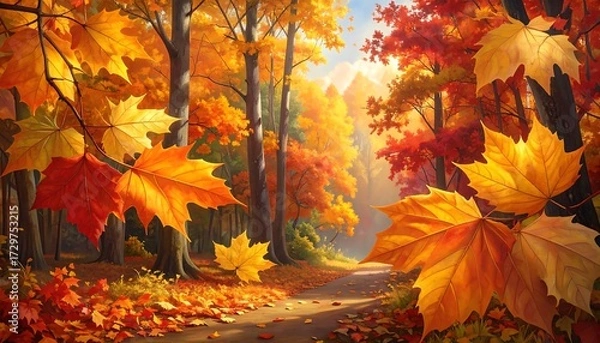 Obraz Autumn forest path bathed in sunlight