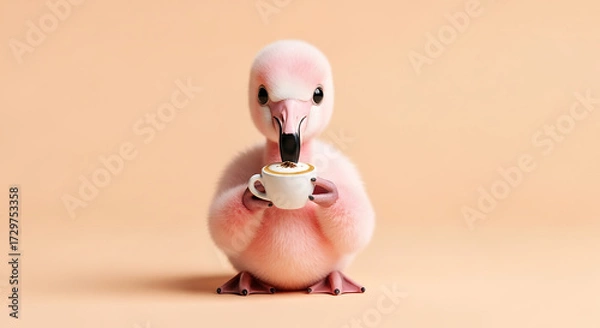 Fototapeta Cute pink flamingo chick enjoying a cup of cappuccino against a soft peach background in a whimsical scene