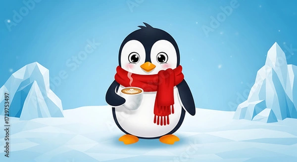 Fototapeta Cartoon penguin wearing a red scarf holding a cup of coffee in a winter landscape with icebergs and a blue sky