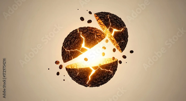 Fototapeta Exploding coffee bean sphere with glowing cracks and floating beans against a neutral background for energy concepts
