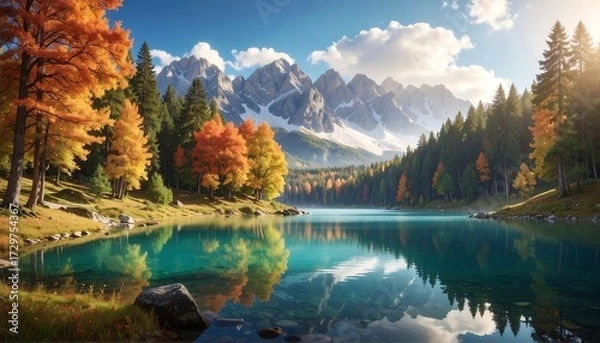Obraz Autumn lake nestled amidst majestic mountains