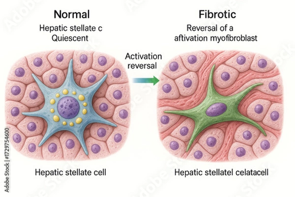 Obraz Illustration depicting normal quiescent hepatic stellate cells transitioning to fibrotic myofibroblasts through activation reversal.