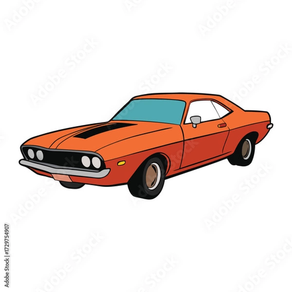 Fototapeta A classic seventies American muscle car with bold lines, wide stance, roaring engine, chrome details, and vintage style—built for speed, power, and pure retro cool.
