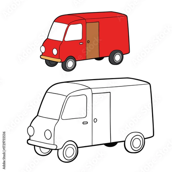 Fototapeta A delivery van coloring page featuring a simple vehicle design, ready for kids to color. Perfect for teaching about transport, delivery services, and everyday vehicles.
