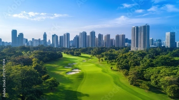 Fototapeta Aerial view of a lush green golf course with cityscape background under blue sky