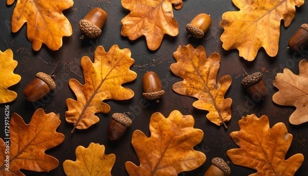 Obraz Autumn leaves and acorns on dark background