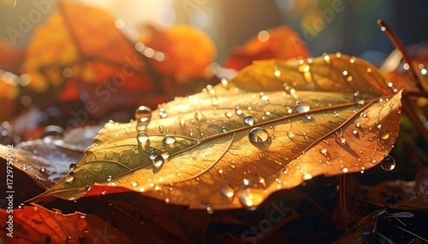 Obraz Autumn leaves covered in dew drops