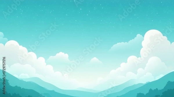 Fototapeta Flat design style illustration of a serene landscape with a subject at the top against a backdrop of a clear blue sky filled with fluffy white clouds, Sparkling teal tones add a touch of magic to the