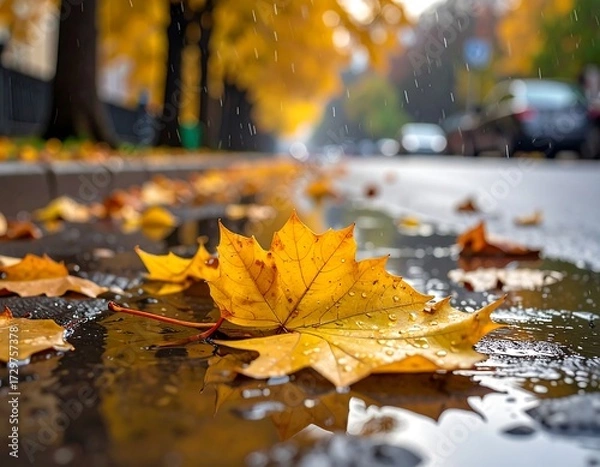 Obraz Autumn leaves in a puddle on a rainy street