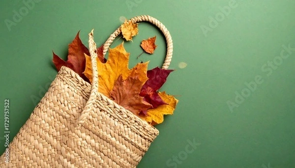 Obraz Autumn leaves in a woven bag against a green backdrop