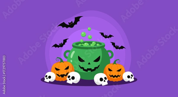 Fototapeta A spooky Halloween scene features a bubbling cauldron with bats and pumpkins alongside skulls.