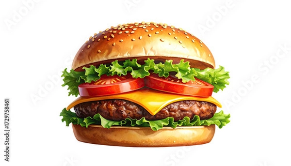 Fototapeta Close-up of a juicy cheeseburger.  A classic hamburger, with a toasted bun, seasoned patty, melted cheese, crisp lettuce, and sliced tomatoes, is displayed