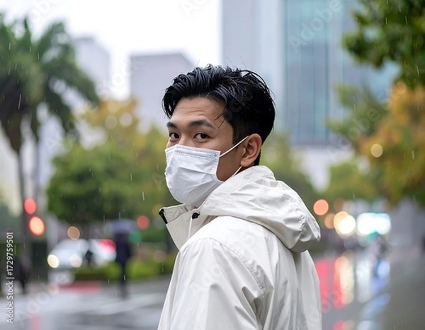 Obraz A young man in a white jacket and face mask looks over his shoulder in a rainy city