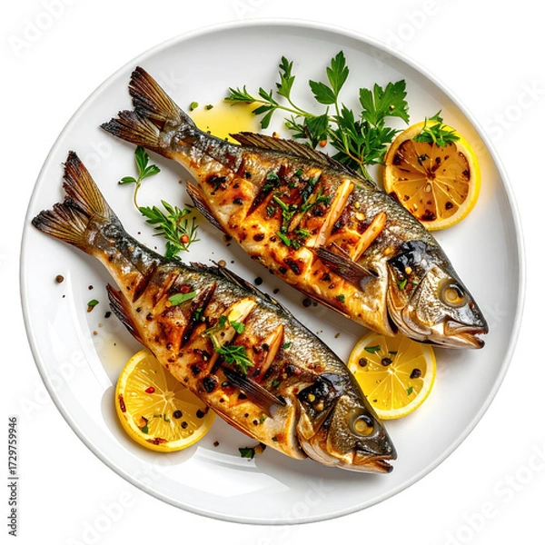 Fototapeta Two grilled fish fillets, seasoned and garnished, on a white plate with lemon slices and fresh herbs