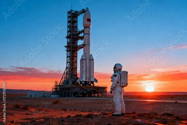 Fototapeta Astronaut stands before a rocket on a launch pad at sunset in a desert landscape