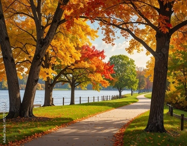 Obraz Autumn park path by a lake
